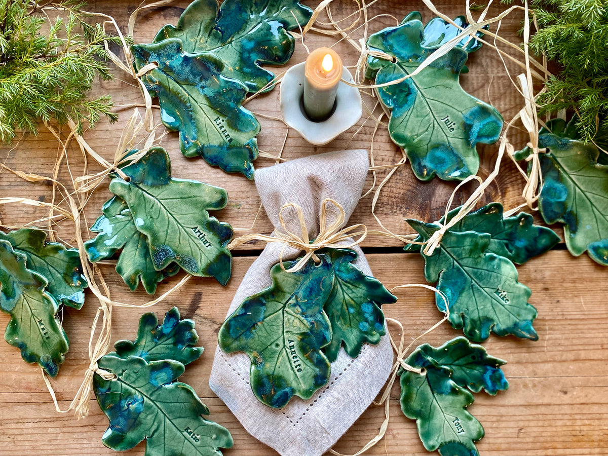 Ceramic Oak Leaf Sculpture with Acorn: for hanging or a personalised place setting