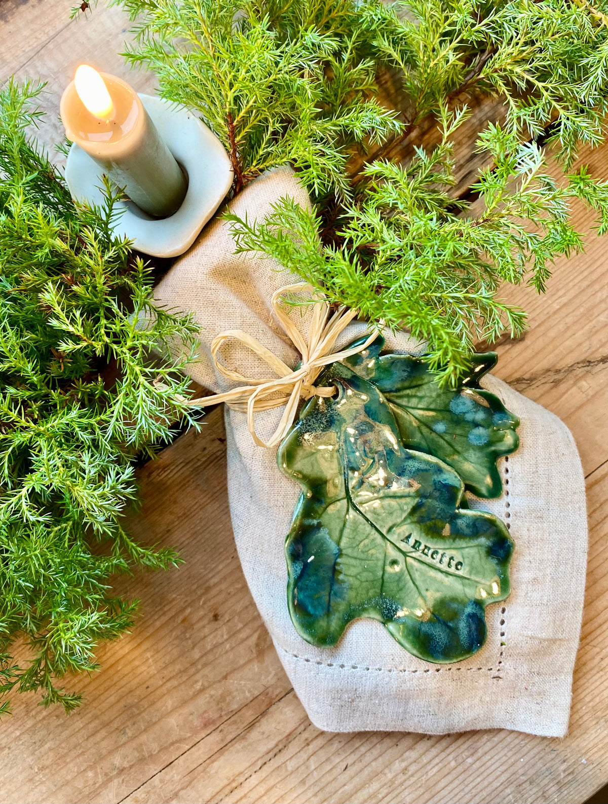 Ceramic Oak Leaf Sculpture with Acorn: for hanging or a personalised place setting