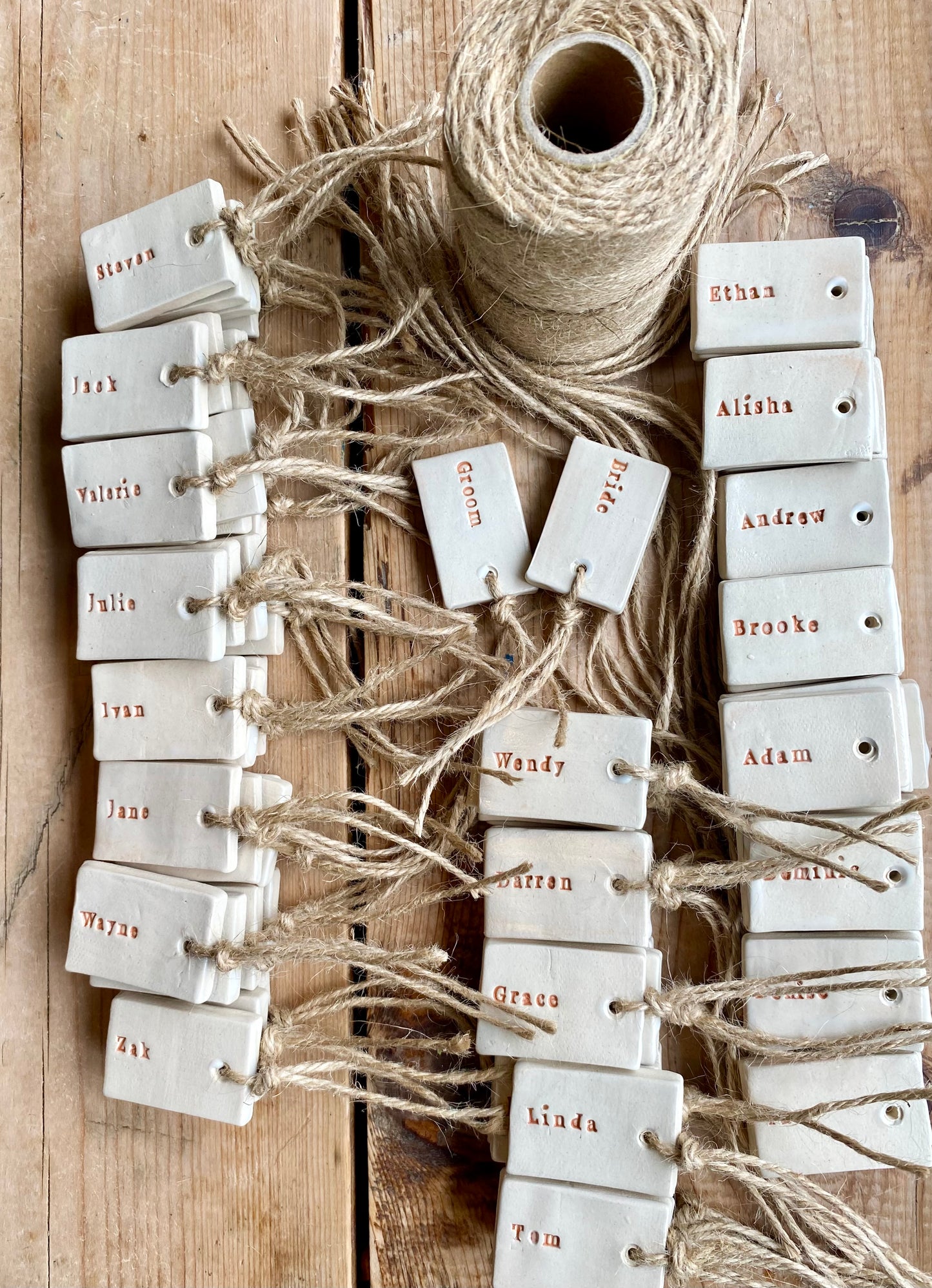 Ivory Ceramic reusable personalised tags with coloured text, place setting, wedding favours, key rings - Eco-friendly sustainable