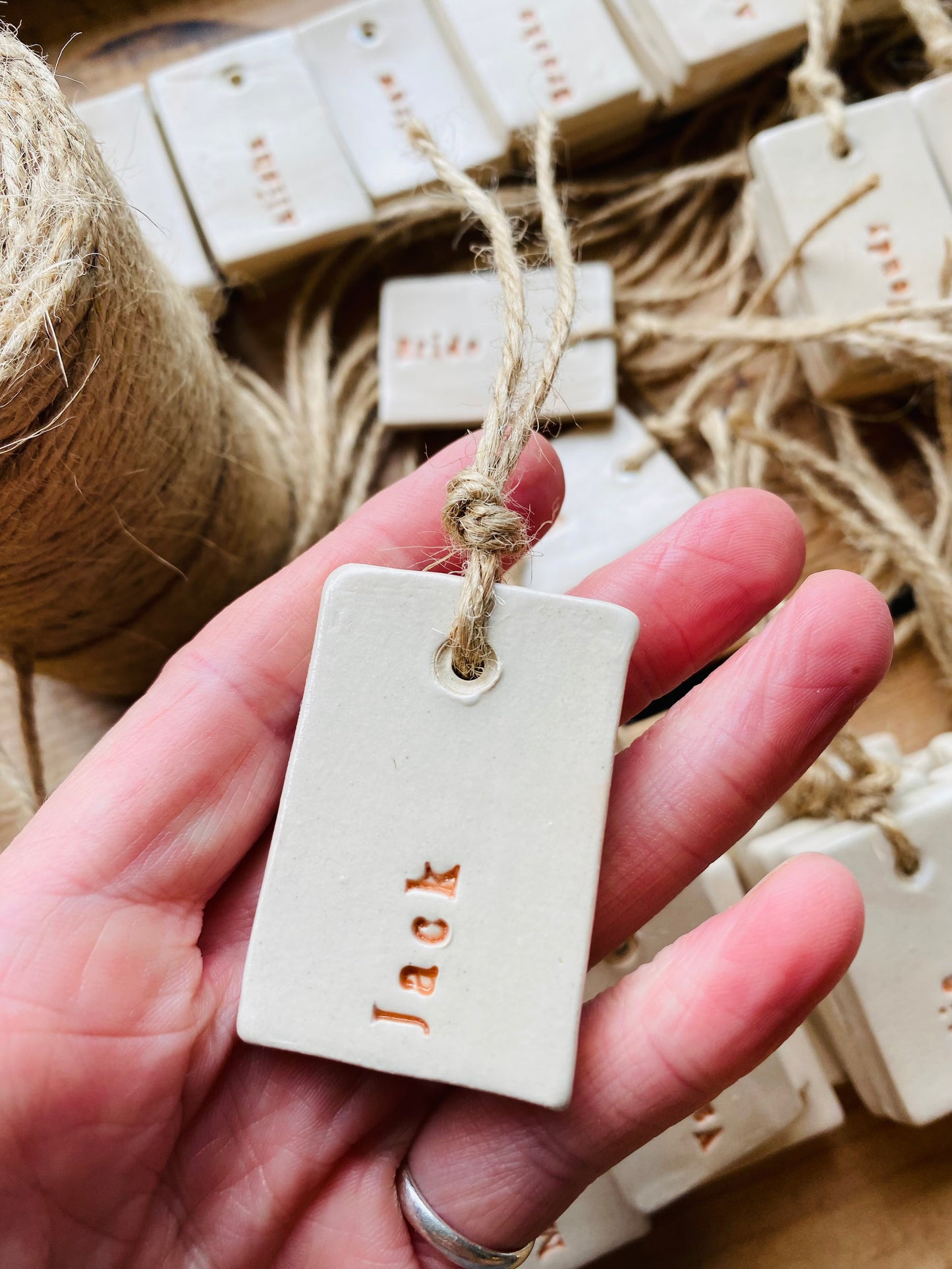 Ivory Ceramic reusable personalised tags with coloured text, place setting, wedding favours, key rings - Eco-friendly sustainable