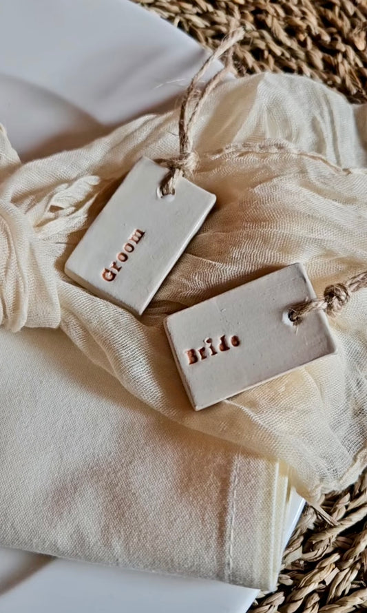 Ivory Ceramic reusable personalised tags with coloured text, place setting, wedding favours, key rings - Eco-friendly sustainable