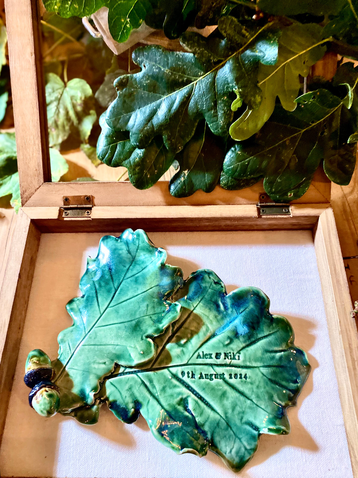 Ceramic Oak Leaf Sculpture with Acorn: for hanging or a personalised place setting