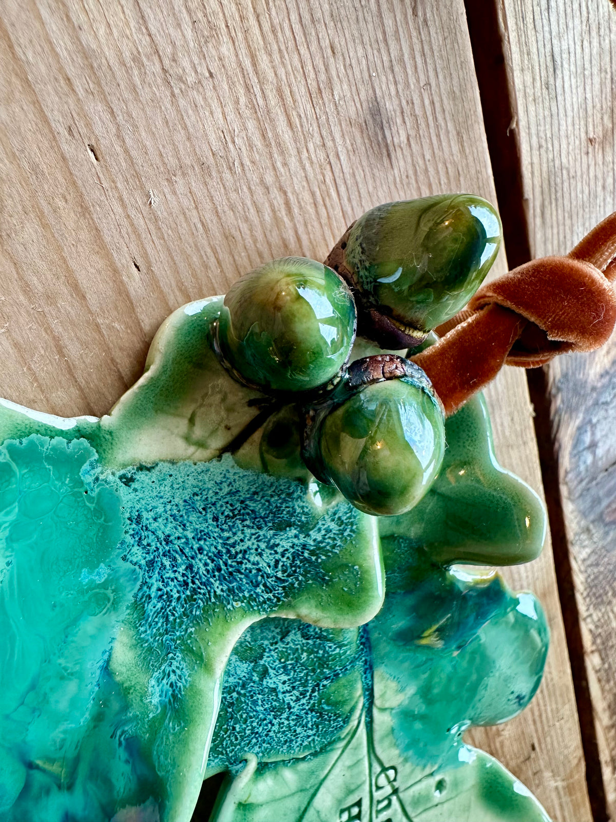 Ceramic Oak Leaf Sculpture with Acorn: for hanging or a personalised place setting