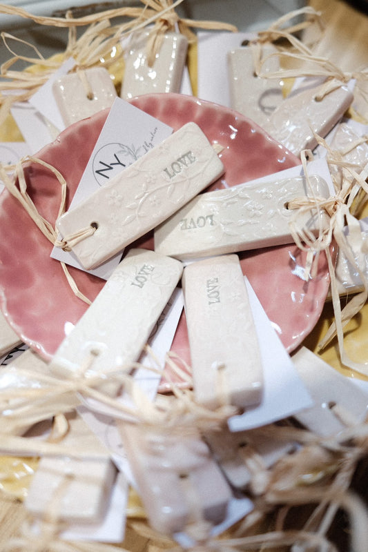 Long slim ceramic reusable tags, place setting, wedding favours, key rings - Eco-friendly sustainable