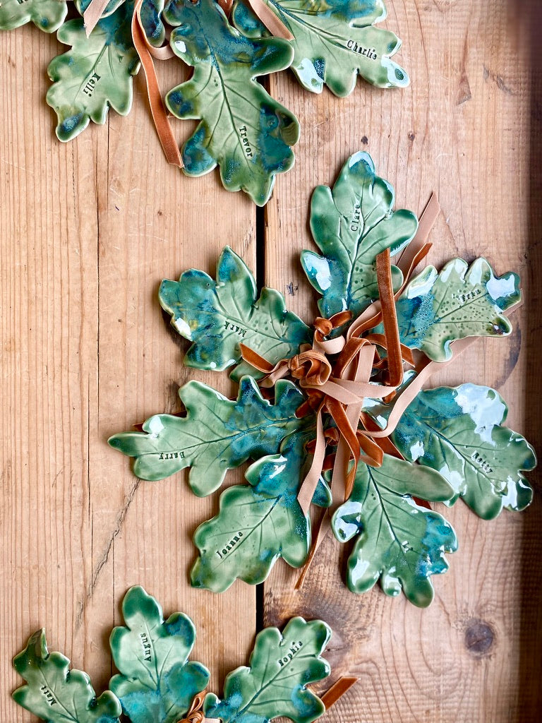 Double oak leaf sculpture for hanging on a wall, christmas tree or a personalised place setting.