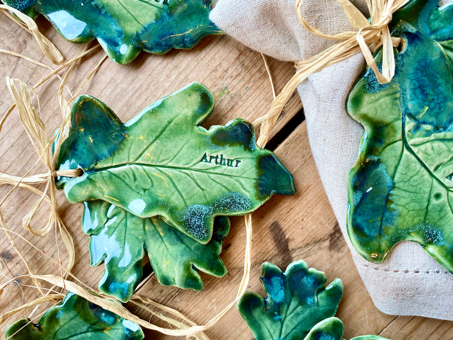 Double oak leaf sculpture for hanging on a wall, christmas tree or a personalised place setting.