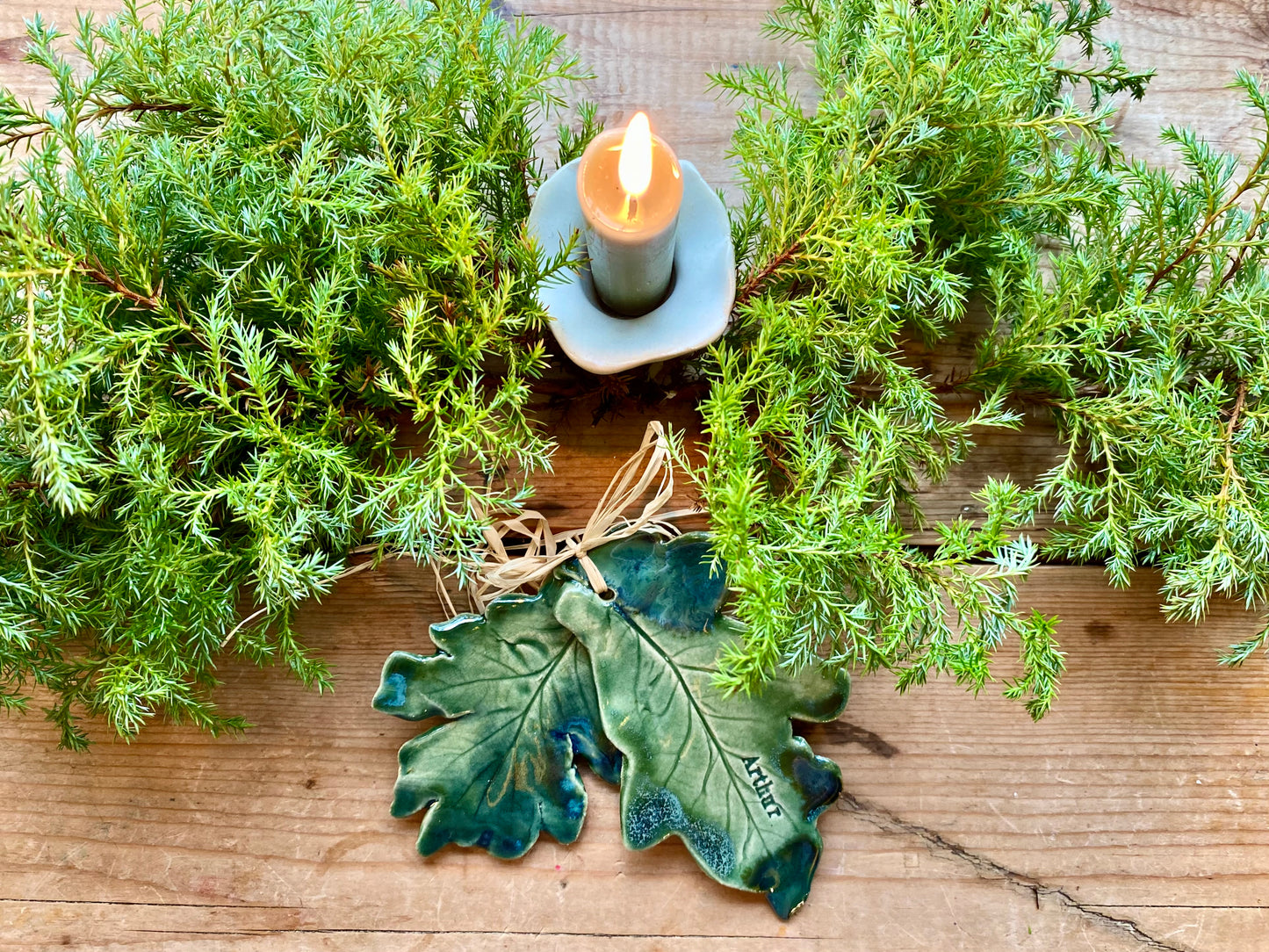 Double oak leaf sculpture for hanging on a wall, christmas tree or a personalised place setting.