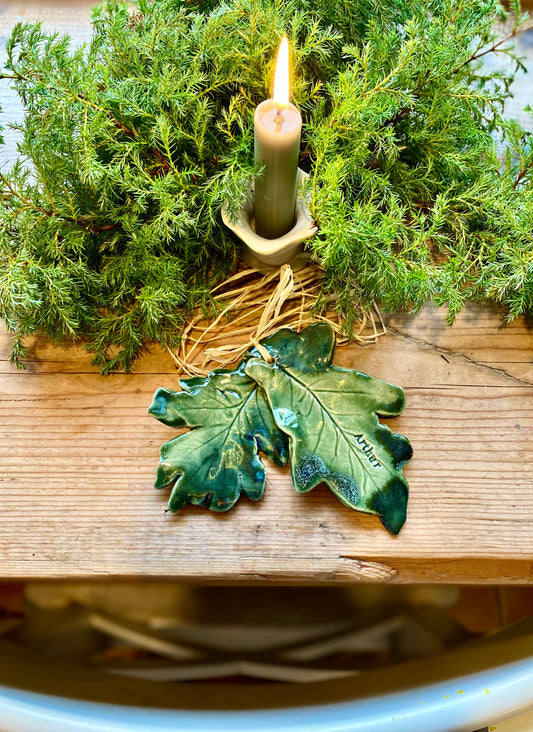 Double oak leaf sculpture for hanging on a wall, christmas tree or a personalised place setting.