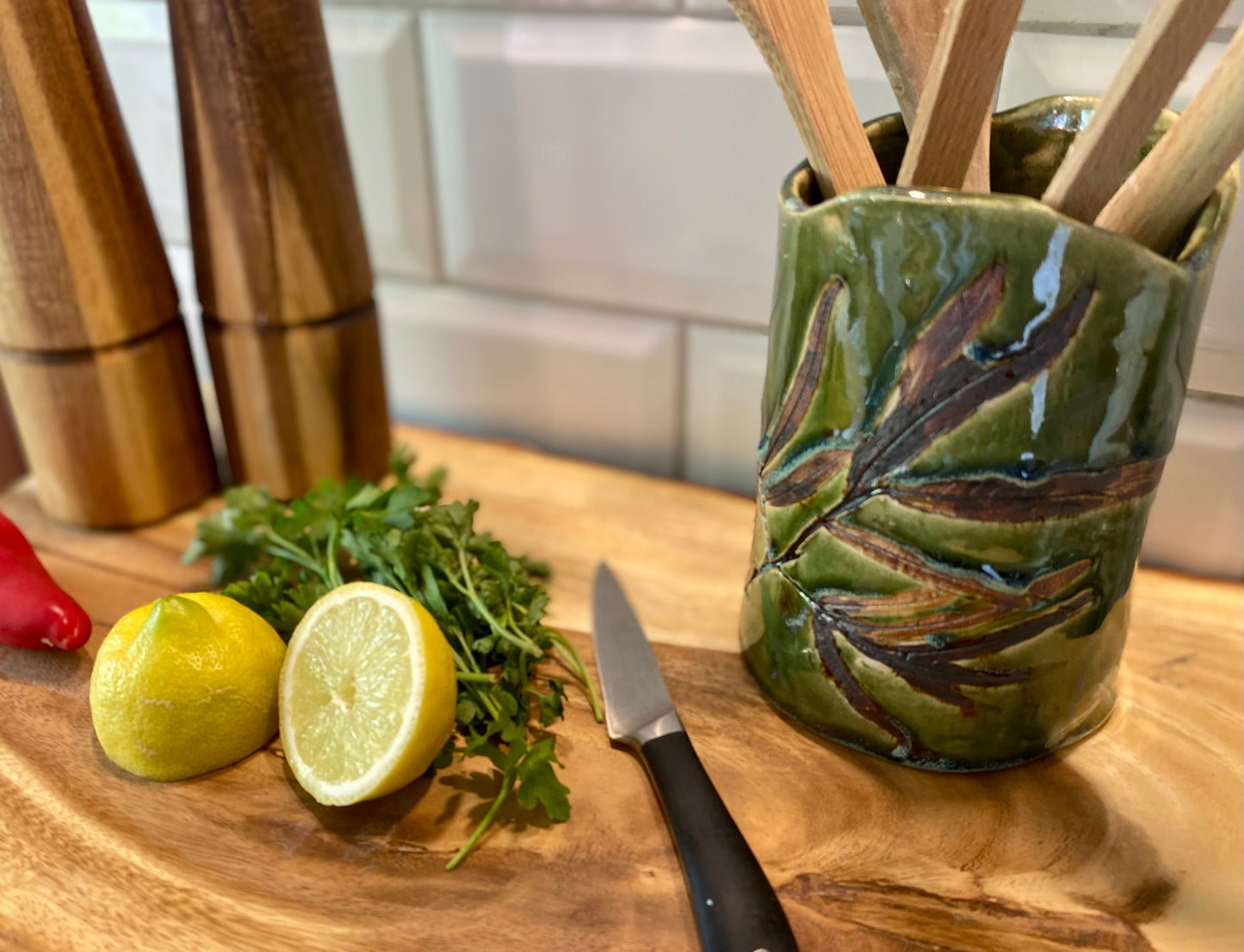 Medium Ceramic Leaf Vase, utensil pot, pen pot - personalised, made to order