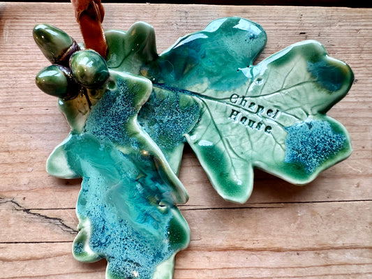 Ceramic Oak Leaf Sculpture with Acorn: for hanging or a personalised place setting